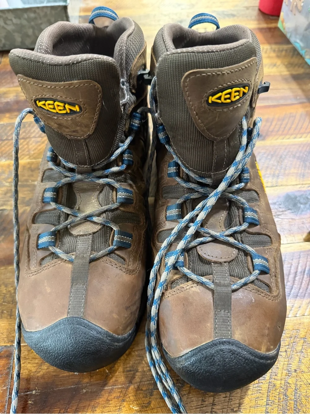Keen Brown Work Shoe with Blue-and-Gray Laces